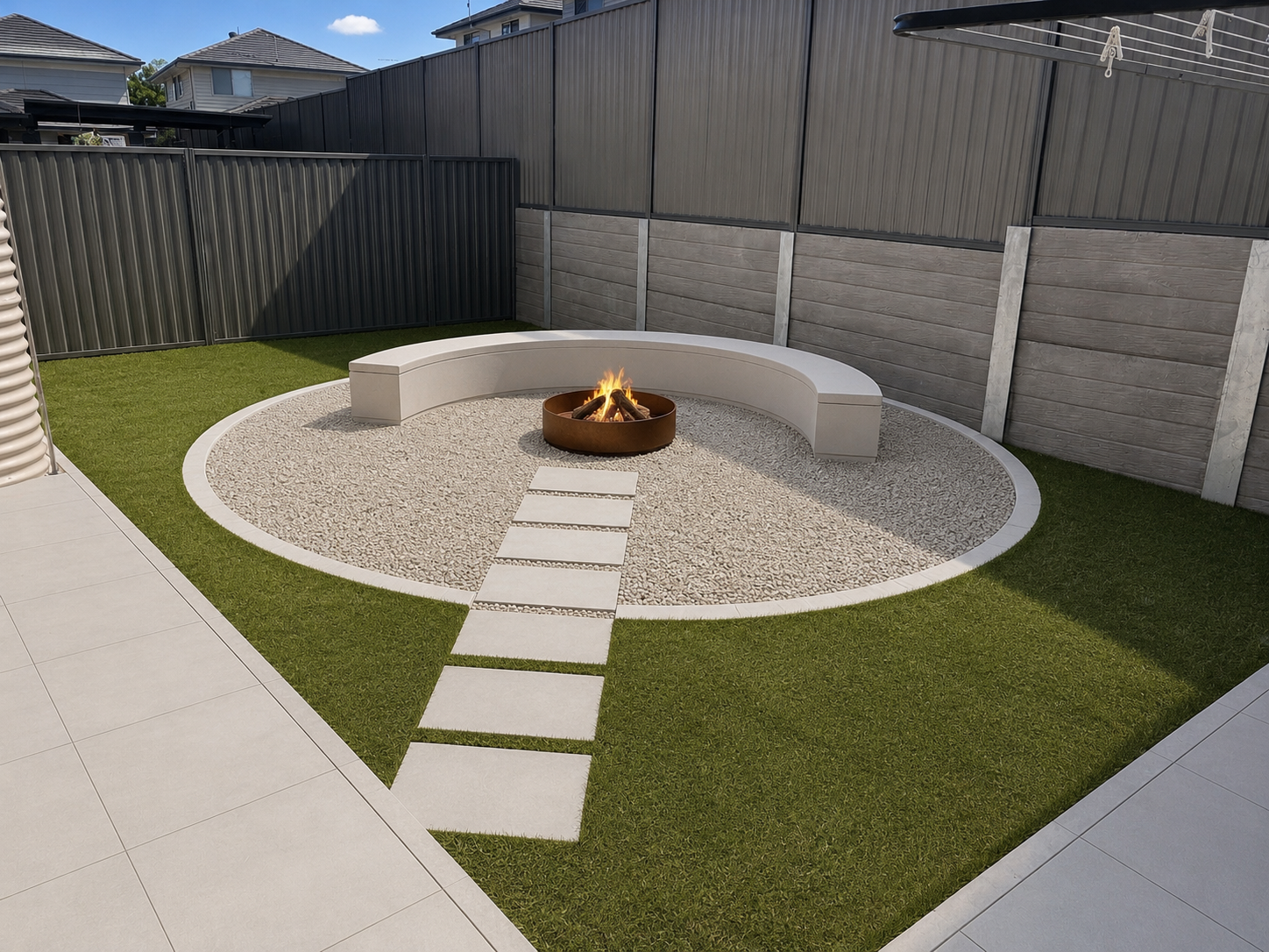 Landscaping showing a modern backyard with a central fire pit, curved timber seating, white decorative stone, green lawn and illuminated tropical garden beds.
